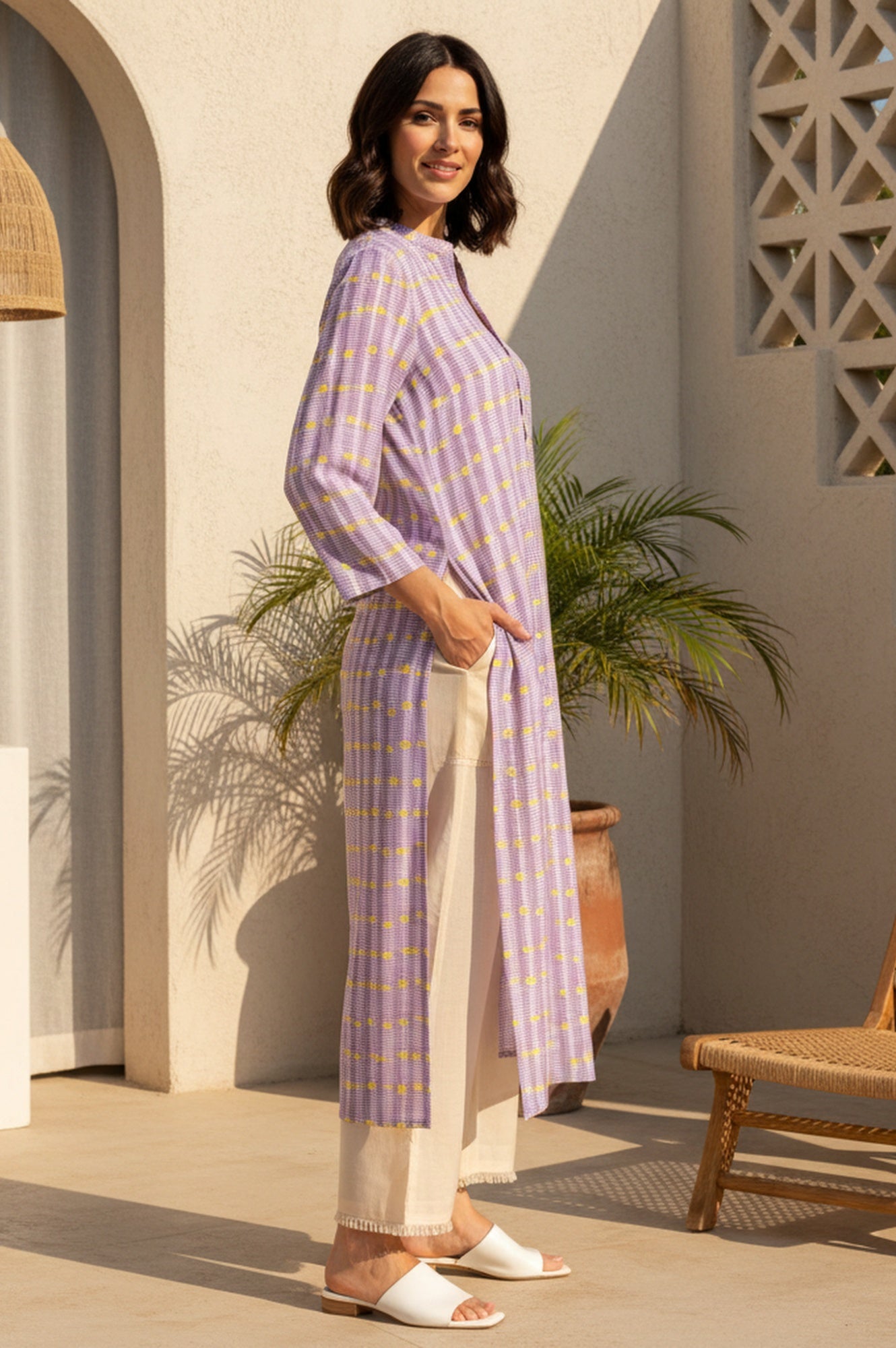 Purple Geometric Printed Rayon Straight Kurta