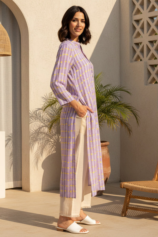 Purple Geometric Printed Rayon Straight Kurta