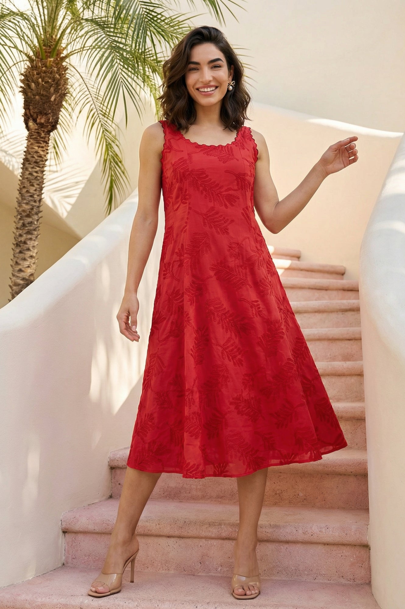 Red Thread Embroidered Pure Cotton A-line Dress