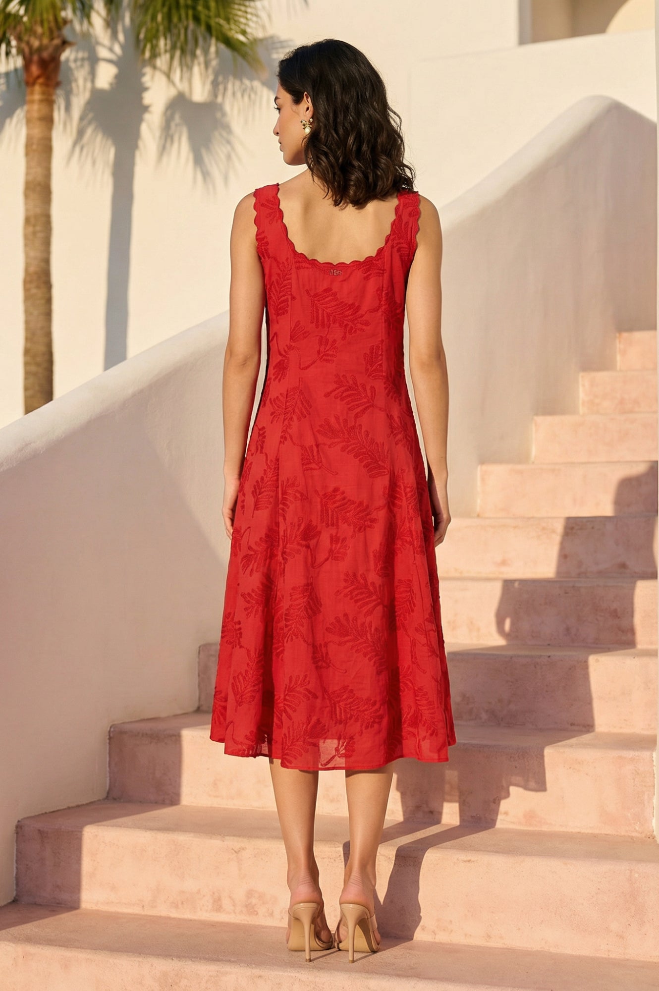 Red Thread Embroidered Pure Cotton A-line Dress