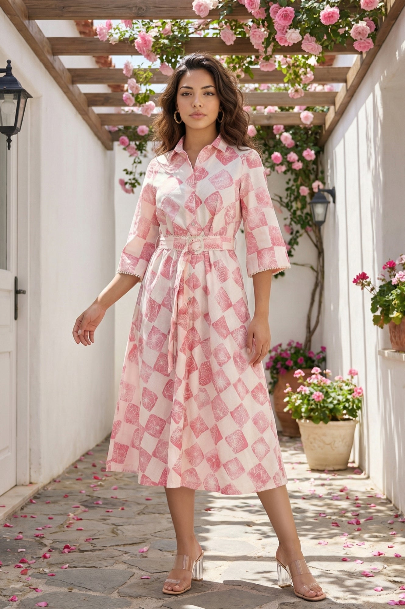 Off-White Floral Printed Cotton Flax Flared Shirt Dress with Belt