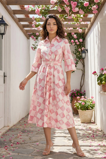 Off-White Floral Printed Cotton Flax Flared Shirt Dress with Belt