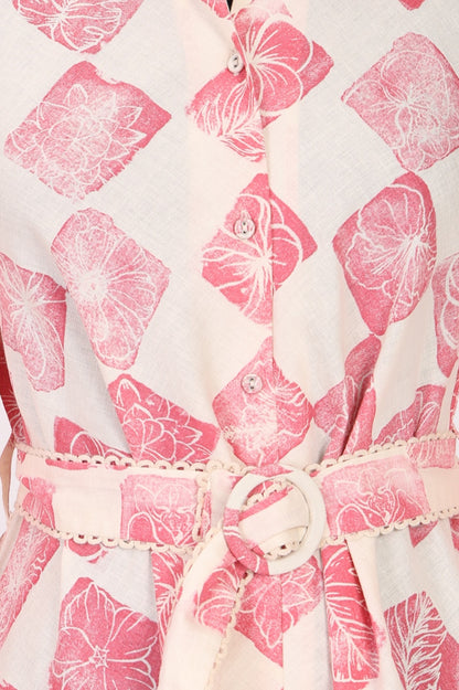 Off-White Floral Printed Cotton Flax Flared Shirt Dress with Belt
