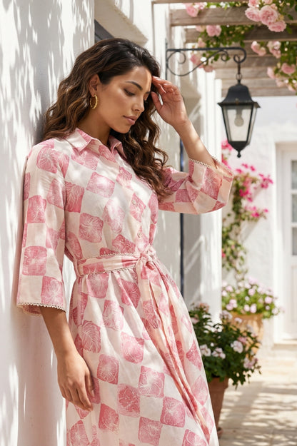 Off-White Floral Printed Cotton Flax Flared Shirt Dress with Belt