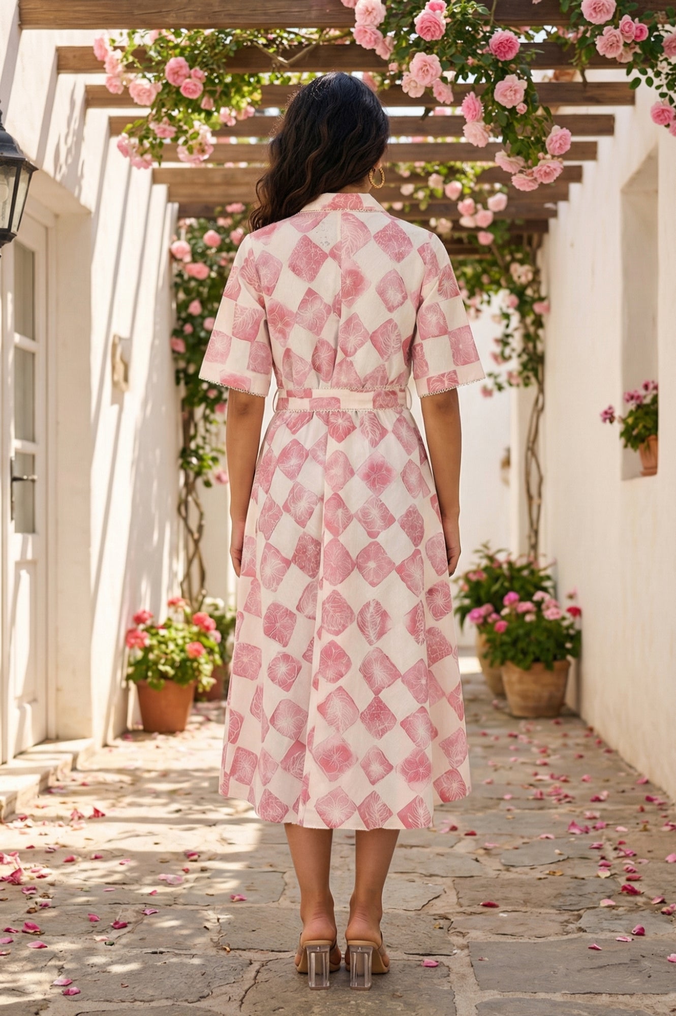 Off-White Floral Printed Cotton Flax Flared Shirt Dress with Belt
