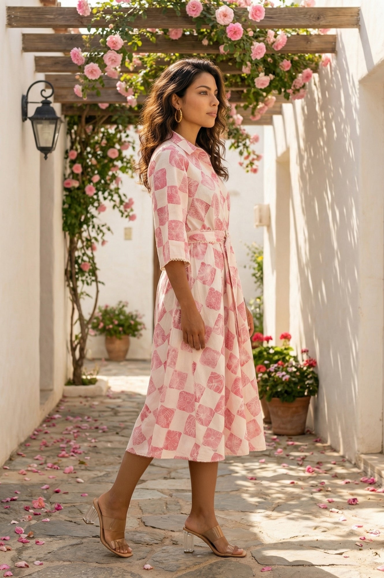 Off-White Floral Printed Cotton Flax Flared Shirt Dress with Belt