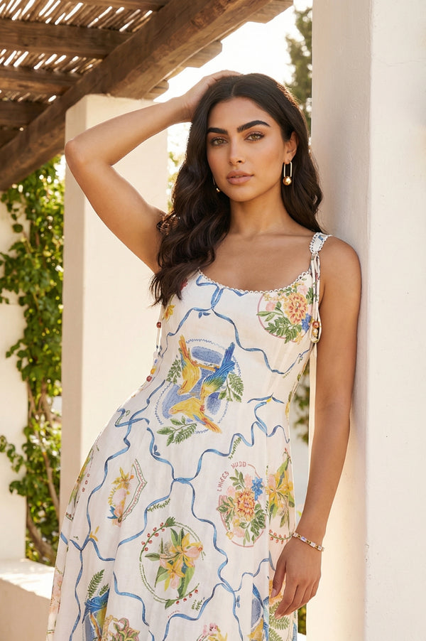 White Floral Printed Pure Cotton Spaghetti Strap Flared Dress
