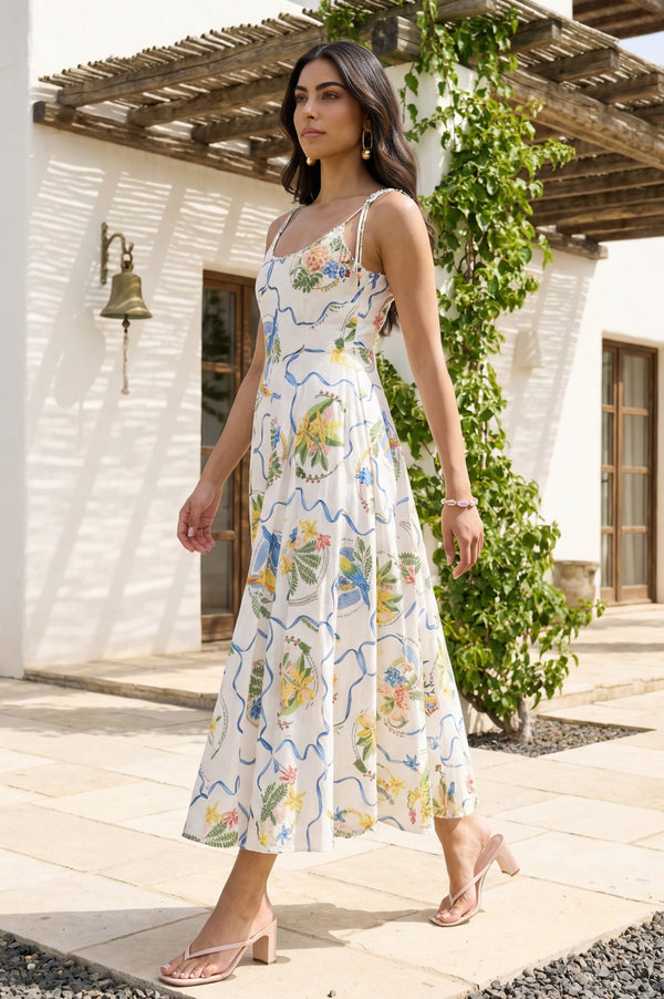 White Floral Printed Pure Cotton Spaghetti Strap Flared Dress