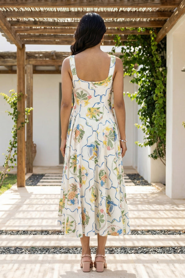White Floral Printed Pure Cotton Spaghetti Strap Flared Dress