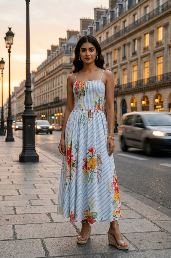 White Floral Printed Pure Cotton Sleeveless Flared Dress