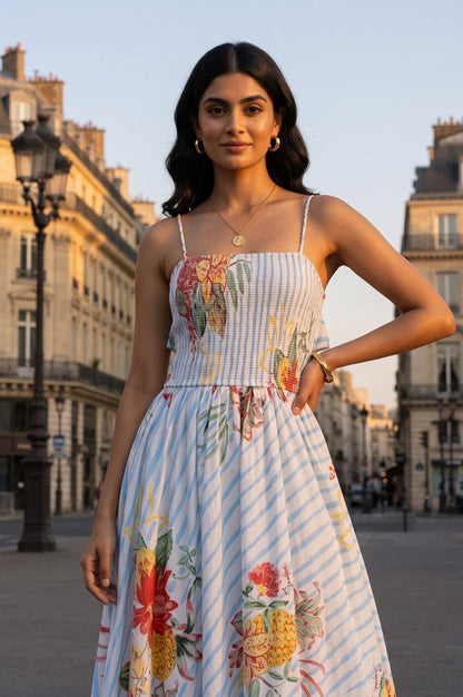 White Floral Printed Pure Cotton Sleeveless Flared Dress