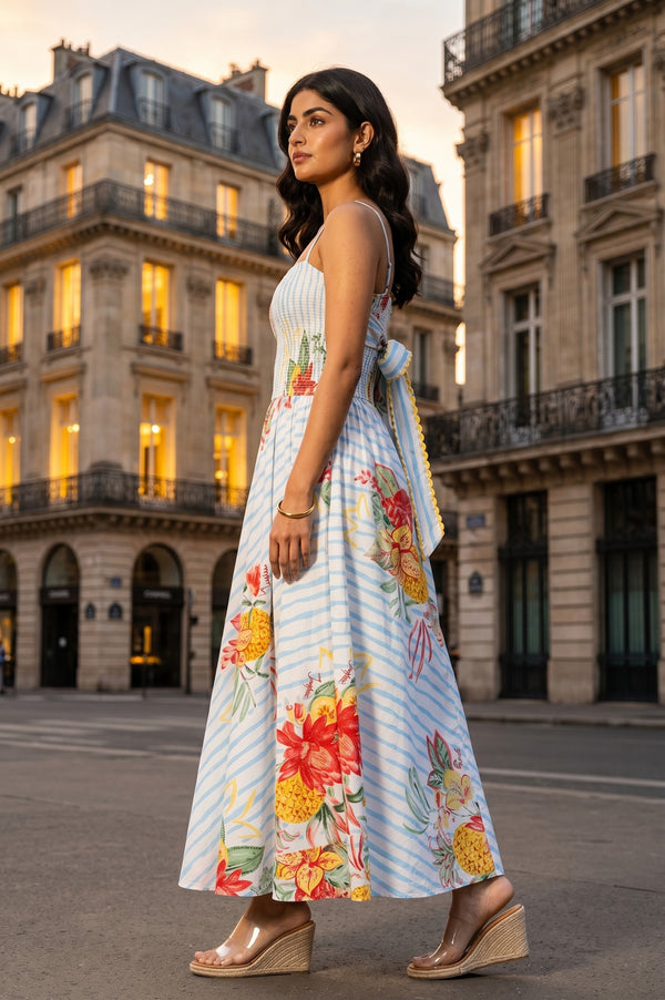 White Floral Printed Pure Cotton Sleeveless Flared Dress