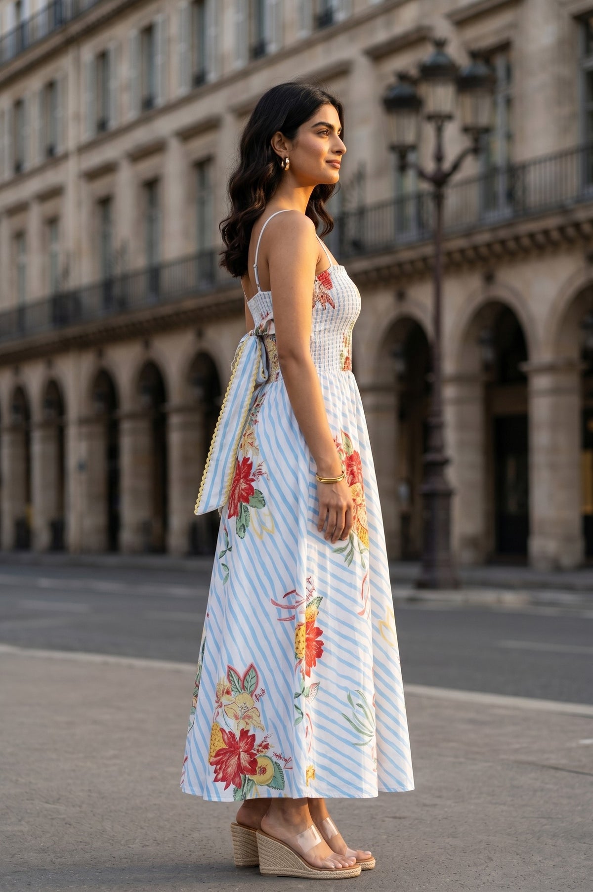 White Floral Printed Pure Cotton Sleeveless Flared Dress