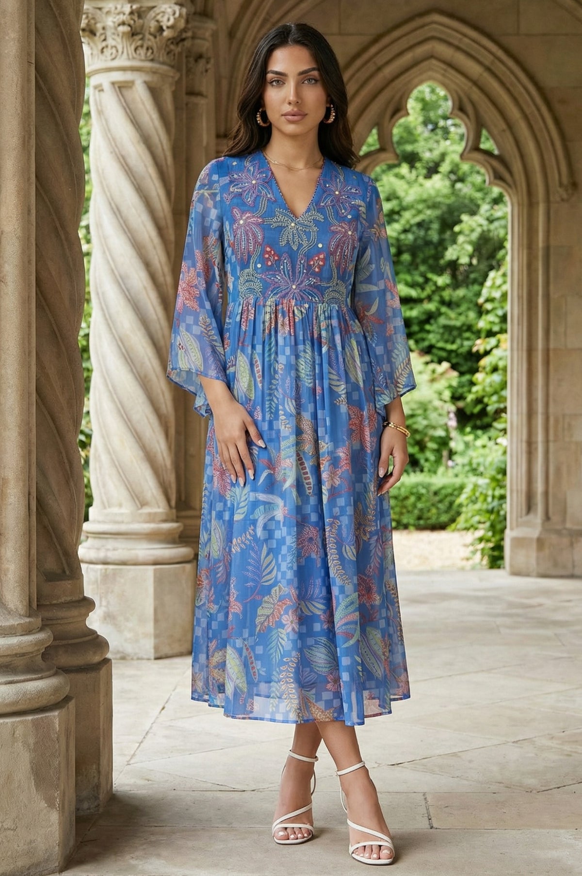 Blue Floral Printed Flared Chiffon Dress with Embroidered Yoke - S