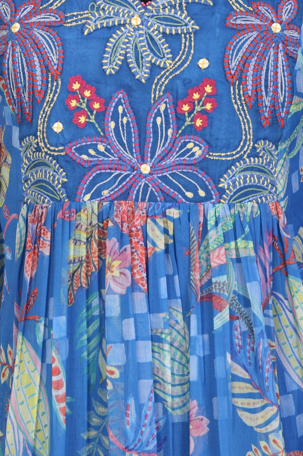 Blue Floral Printed Flared Chiffon Dress with Embroidered Yoke