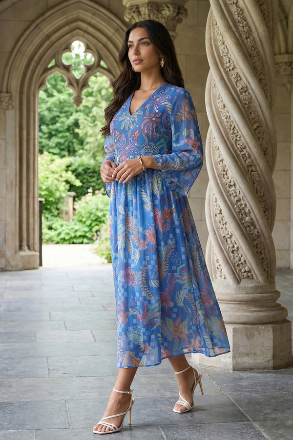 Blue Floral Printed Flared Chiffon Dress with Embroidered Yoke