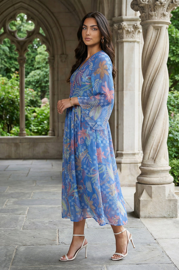 Blue Floral Printed Flared Chiffon Dress with Embroidered Yoke