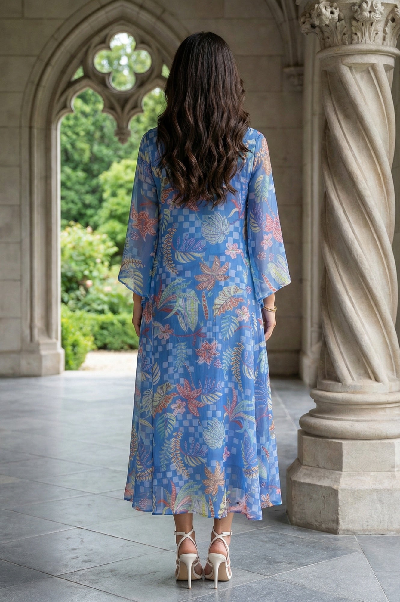 Blue Floral Printed Flared Chiffon Dress with Embroidered Yoke