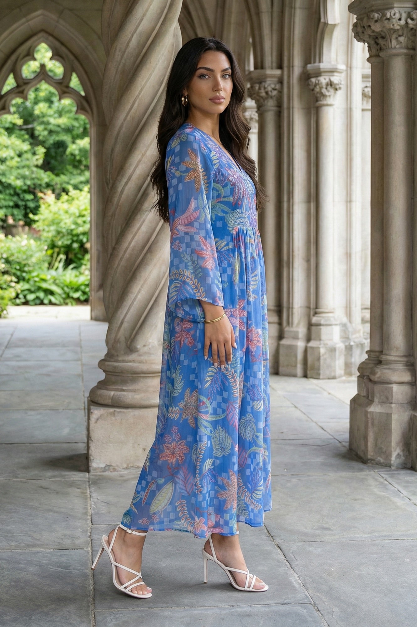 Blue Floral Printed Flared Chiffon Dress with Embroidered Yoke