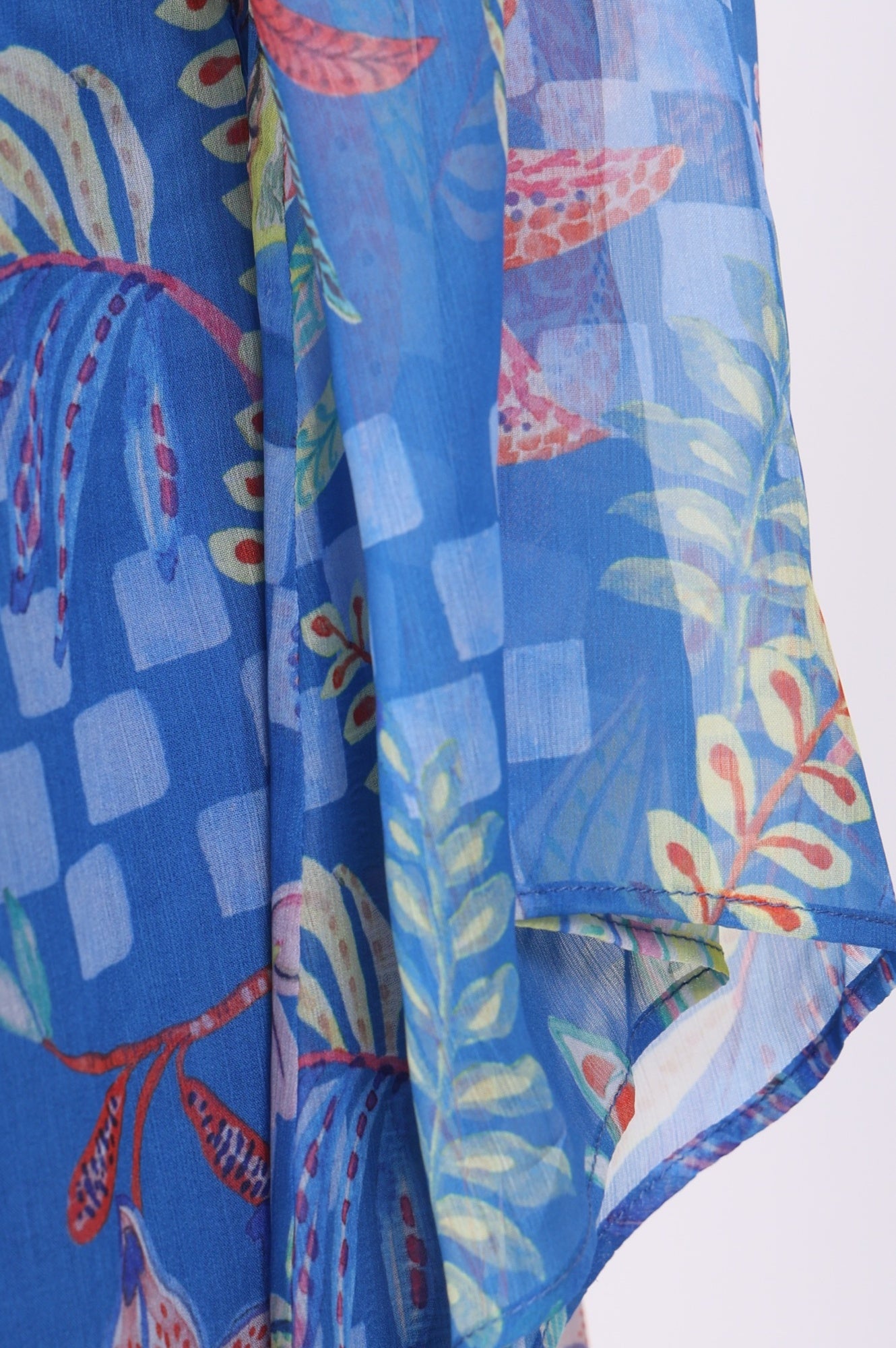Blue Floral Printed Flared Chiffon Dress with Embroidered Yoke