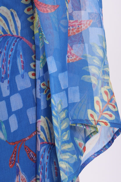 Blue Floral Printed Flared Chiffon Dress with Embroidered Yoke