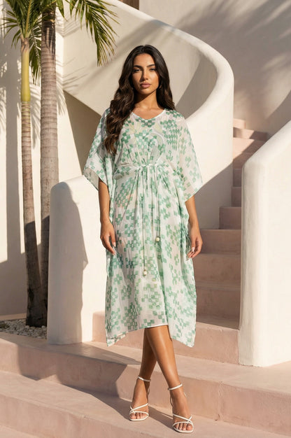 Green Geometric Printed Chiffon Kaftan Dress with Inner