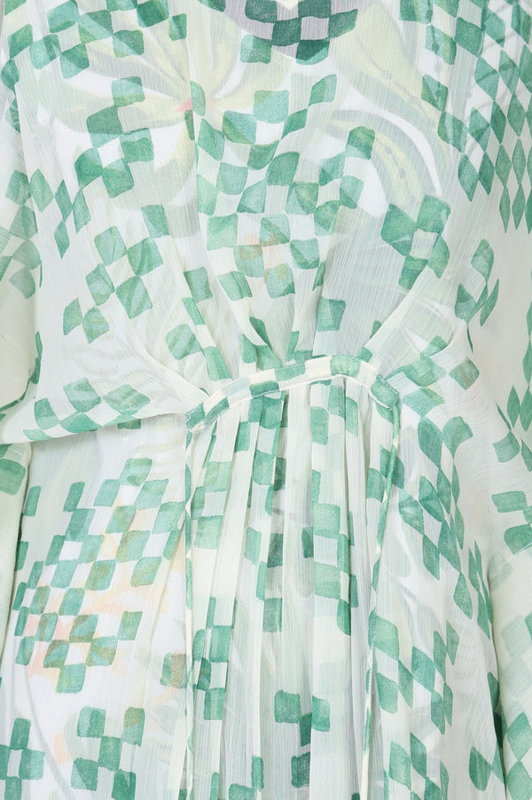 Green Geometric Printed Chiffon Kaftan Dress with Inner