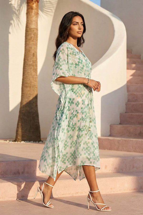 Green Geometric Printed Chiffon Kaftan Dress with Inner