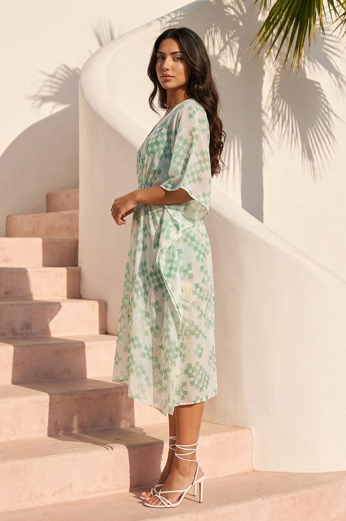 Green Geometric Printed Chiffon Kaftan Dress with Inner