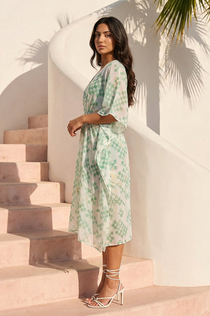 Green Geometric Printed Chiffon Kaftan Dress with Inner