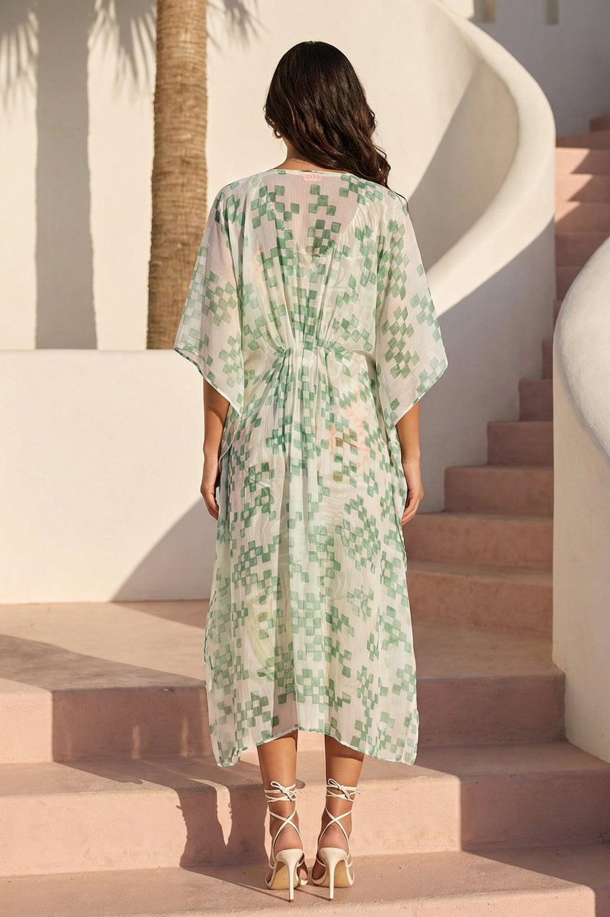 Green Geometric Printed Chiffon Kaftan Dress with Inner