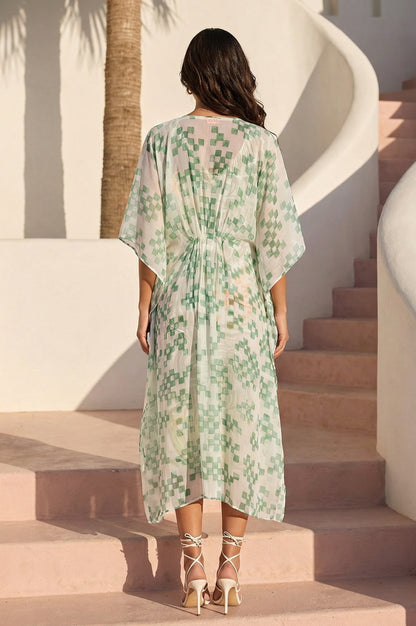 Green Geometric Printed Chiffon Kaftan Dress with Inner