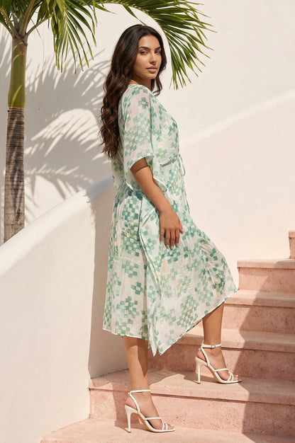 Green Geometric Printed Chiffon Kaftan Dress with Inner