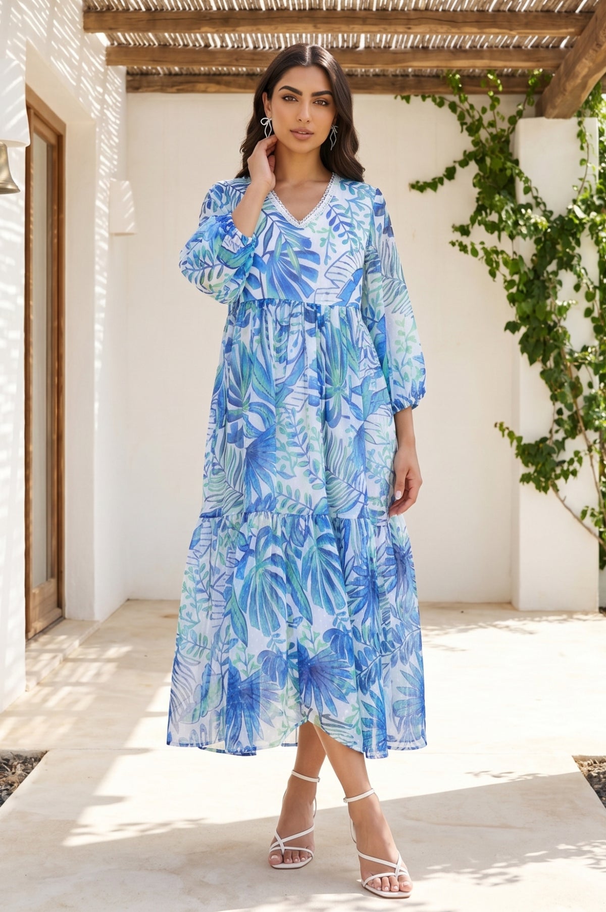 White Tropical Printed Chiffon Flared Dress - S