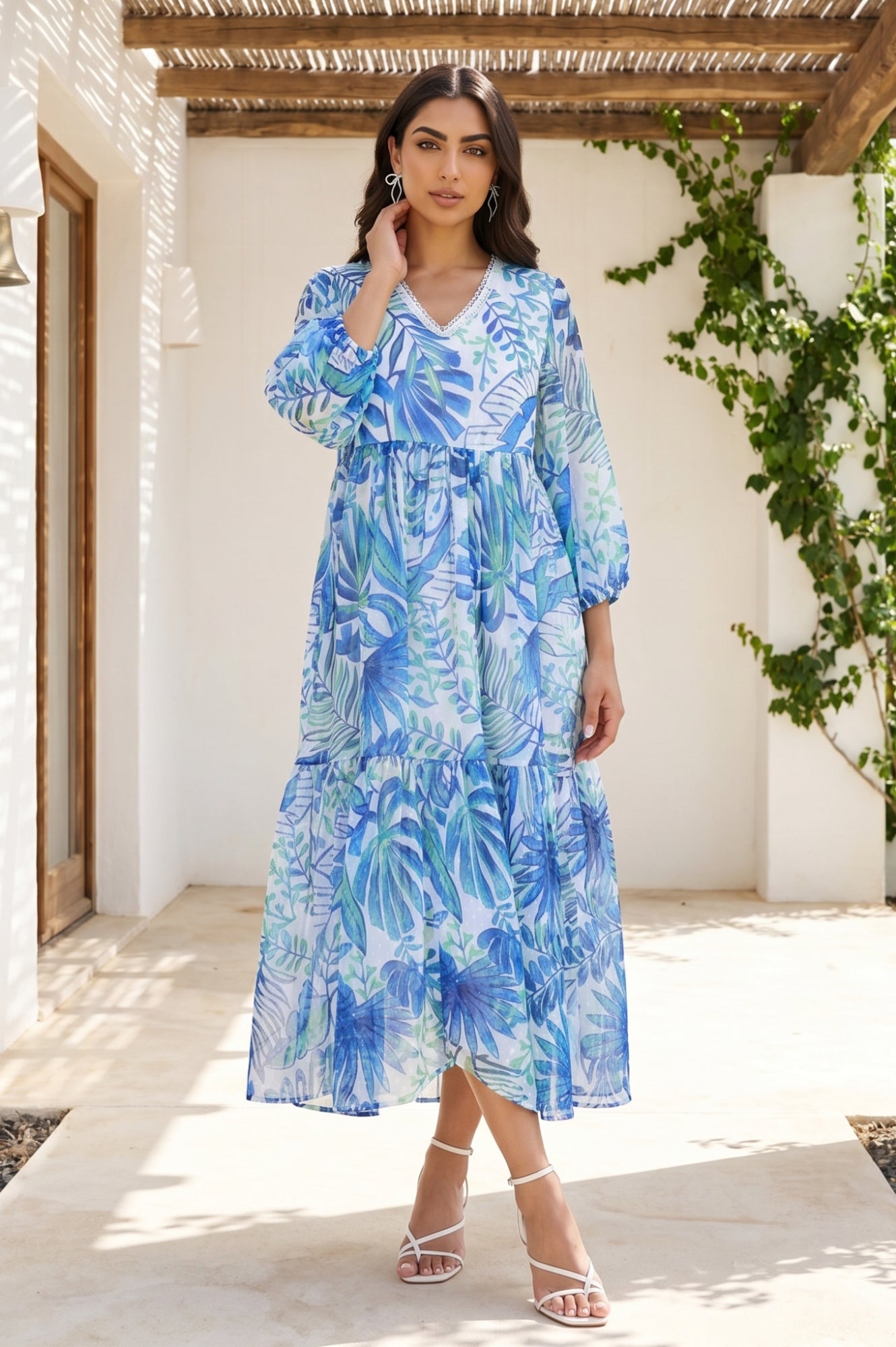White Tropical Printed Chiffon Flared Dress