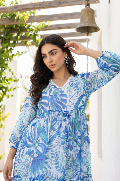 White Tropical Printed Chiffon Flared Dress