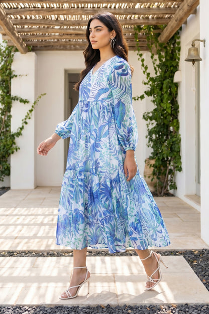White Tropical Printed Chiffon Flared Dress