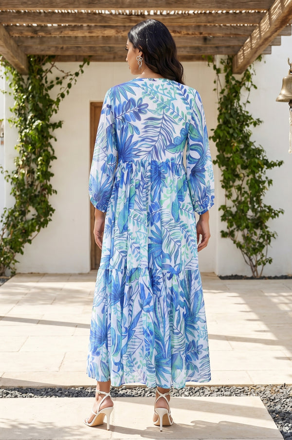 White Tropical Printed Chiffon Flared Dress