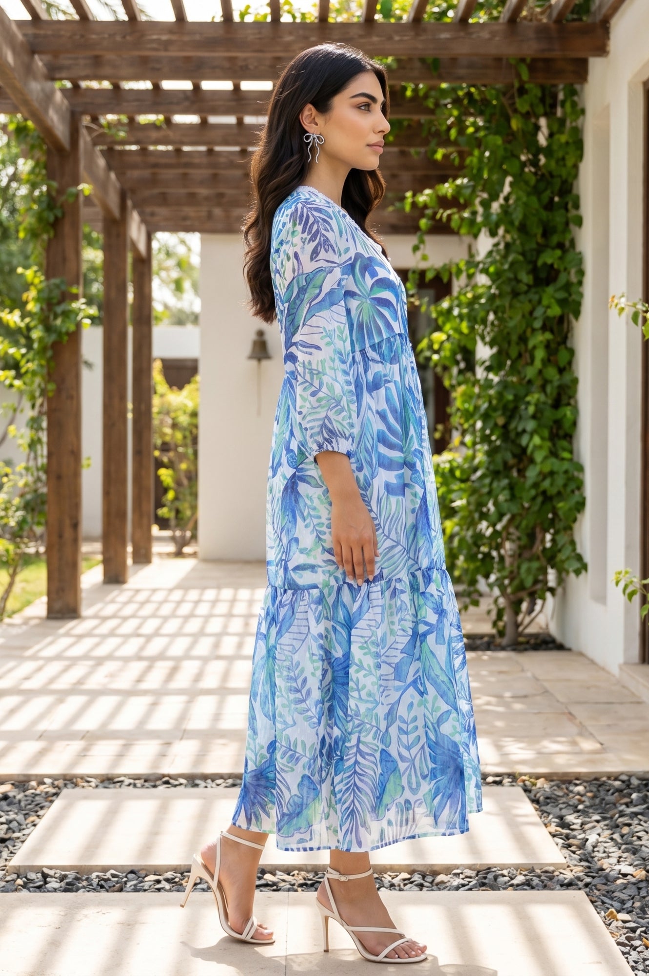 White Tropical Printed Chiffon Flared Dress