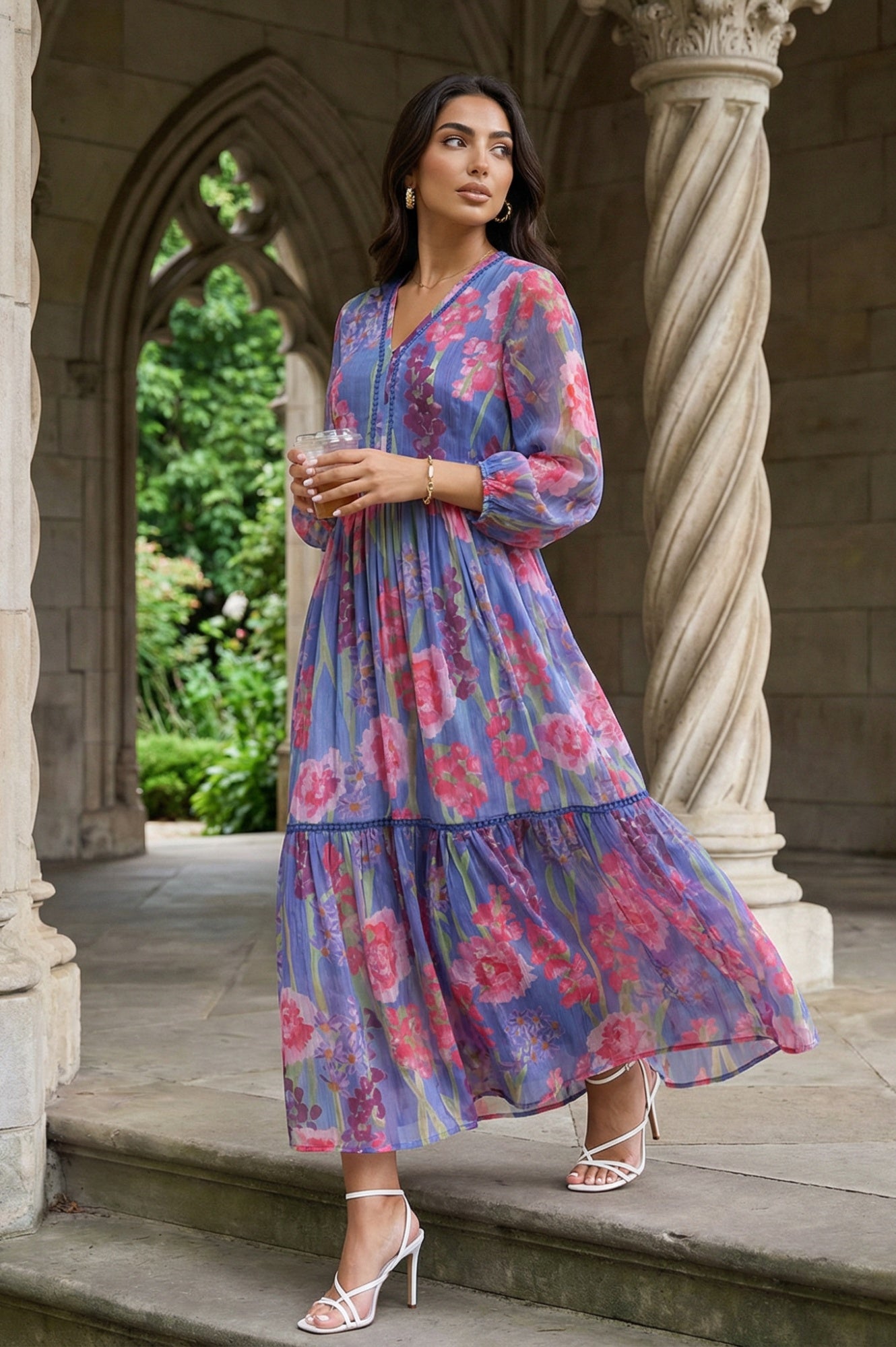 Blue Floral Printed Chiffon Flared Dress