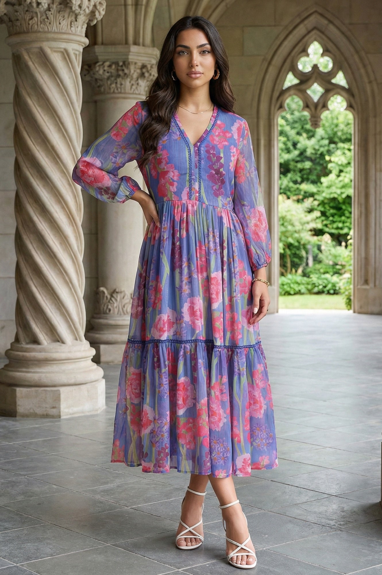 Blue Floral Printed Chiffon Flared Dress