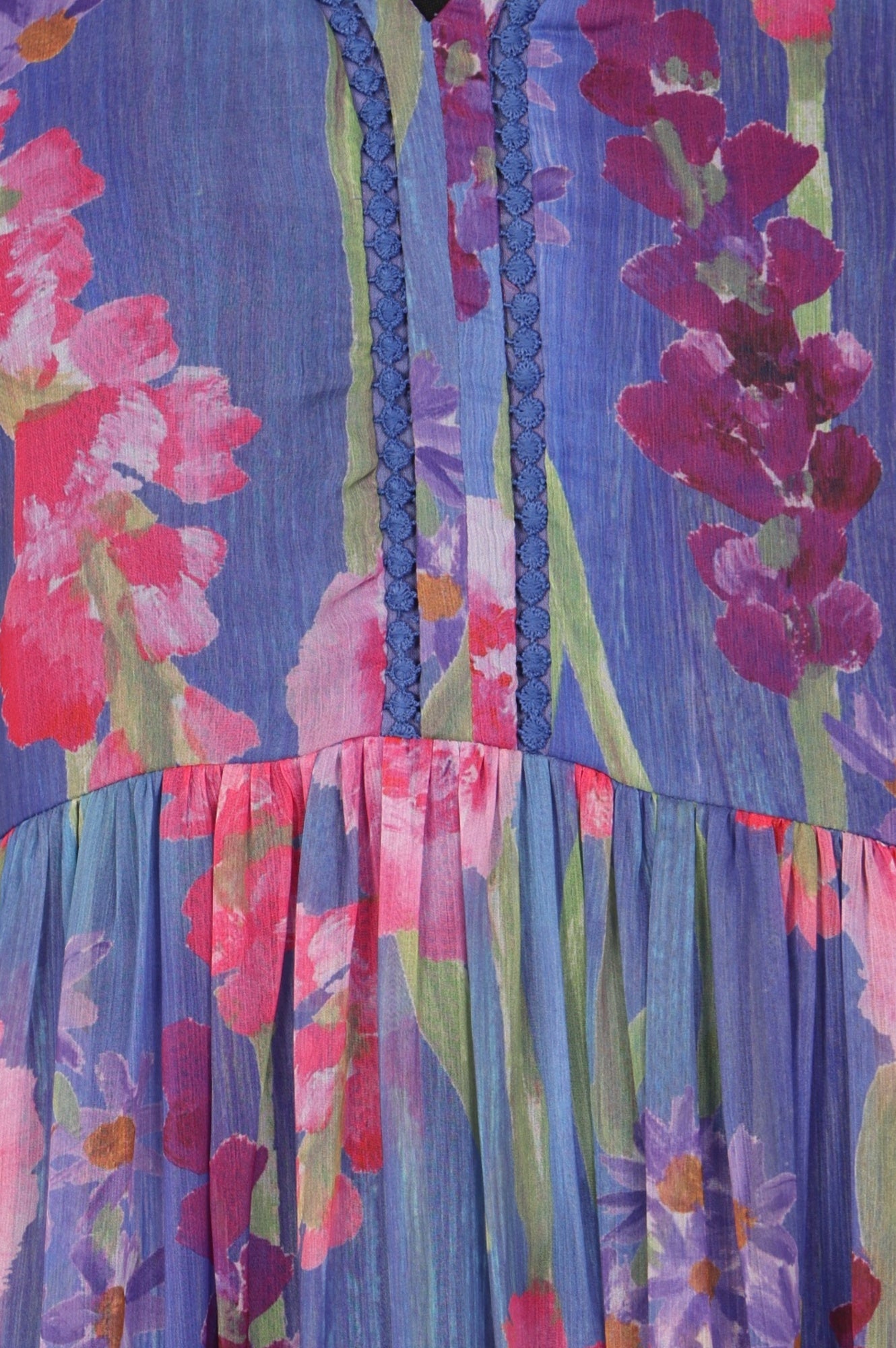 Blue Floral Printed Chiffon Flared Dress