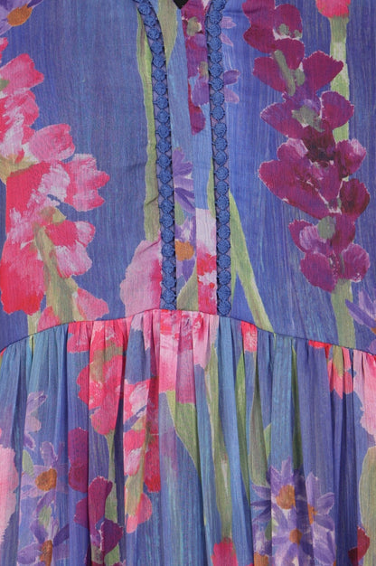 Blue Floral Printed Chiffon Flared Dress