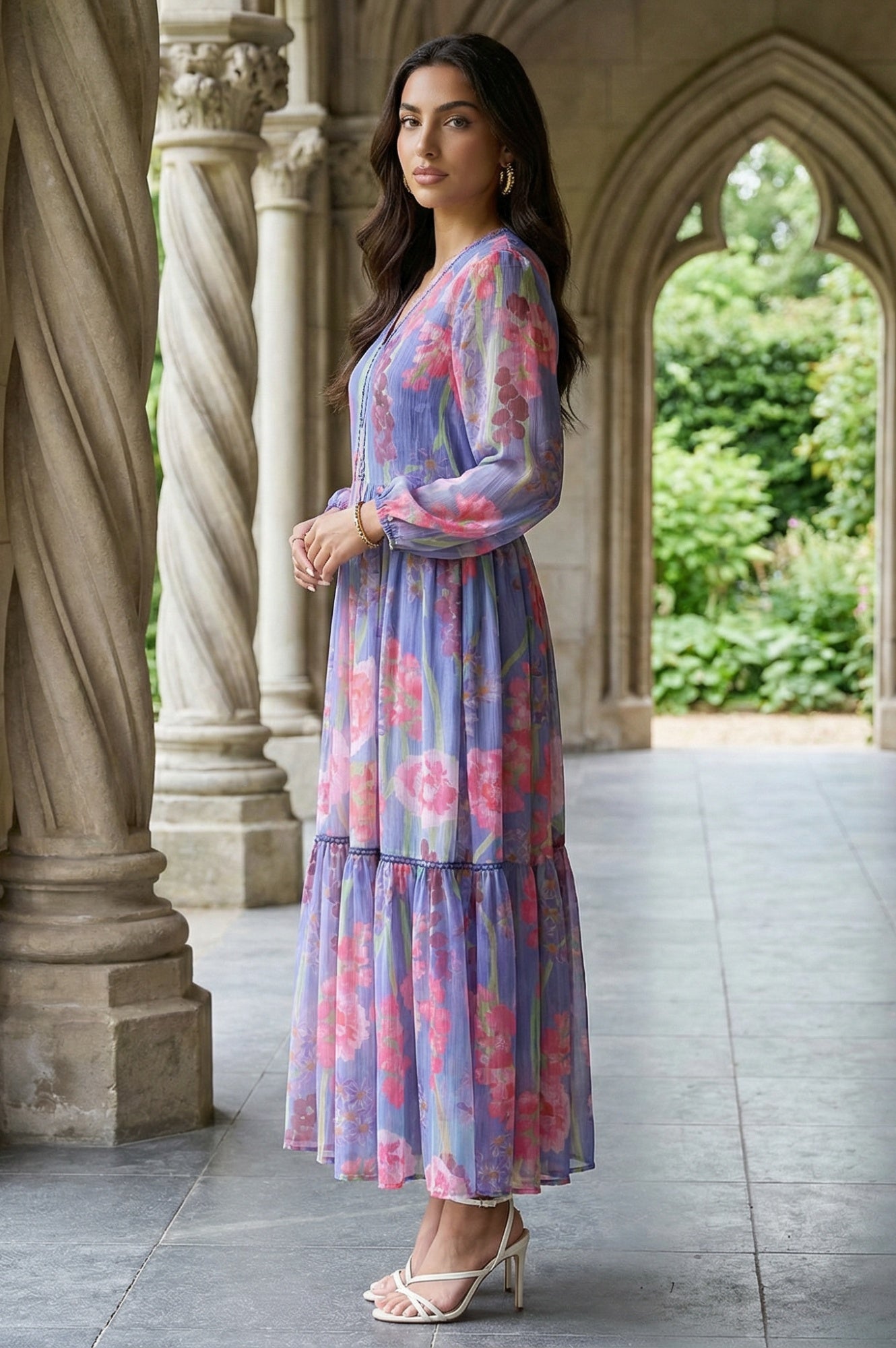 Blue Floral Printed Chiffon Flared Dress