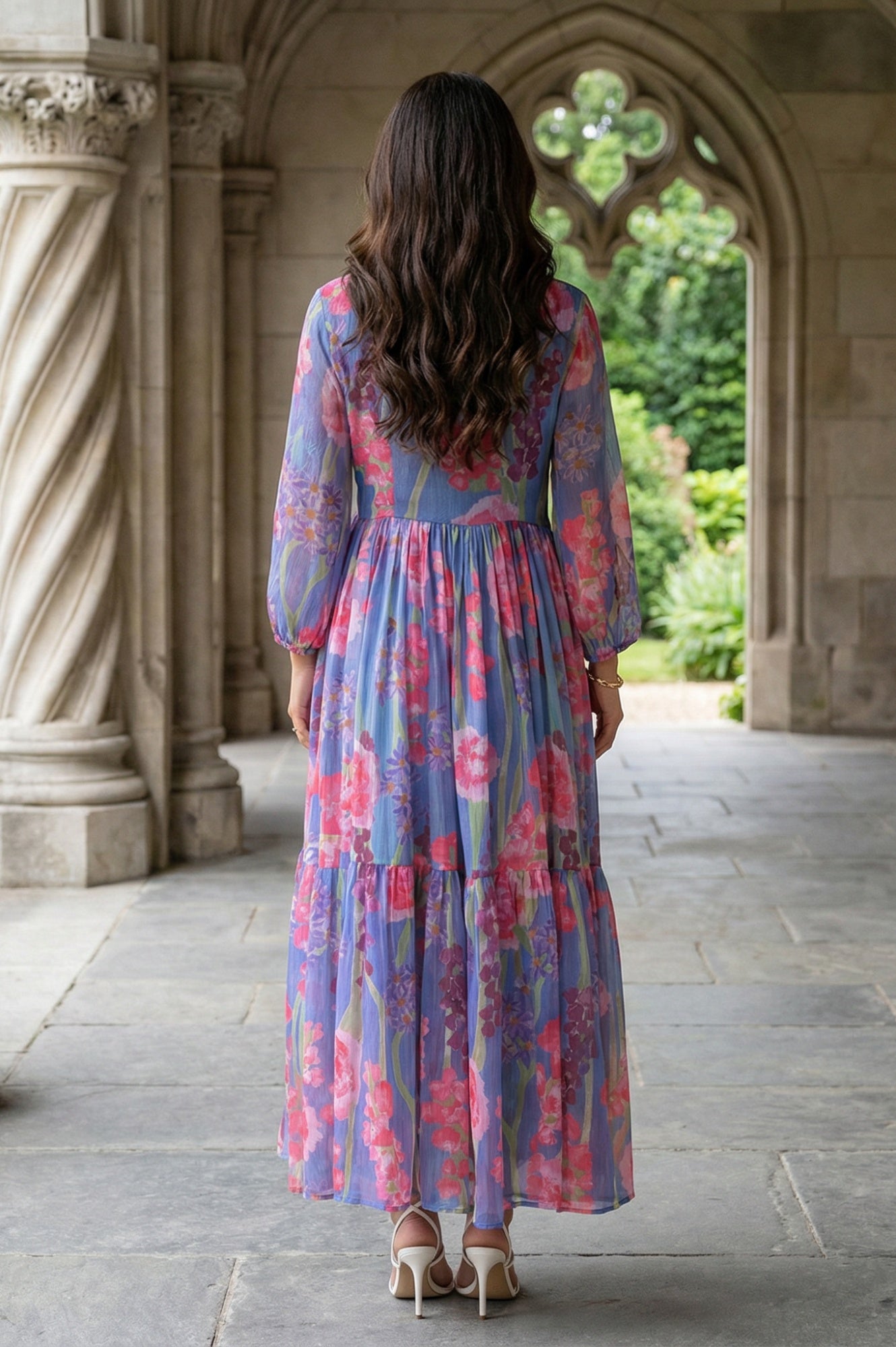 Blue Floral Printed Chiffon Flared Dress