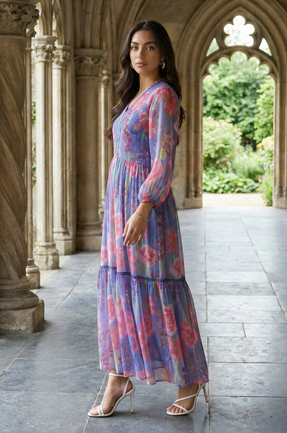 Blue Floral Printed Chiffon Flared Dress