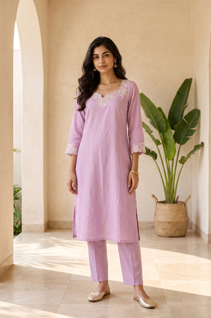 Lavender Embroidered Straight Kurta