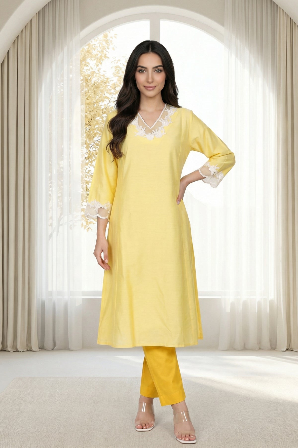 Yellow Applique Lace A-line Kurta - XS