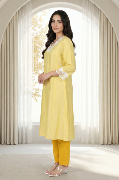 Yellow Applique Lace A-line Kurta