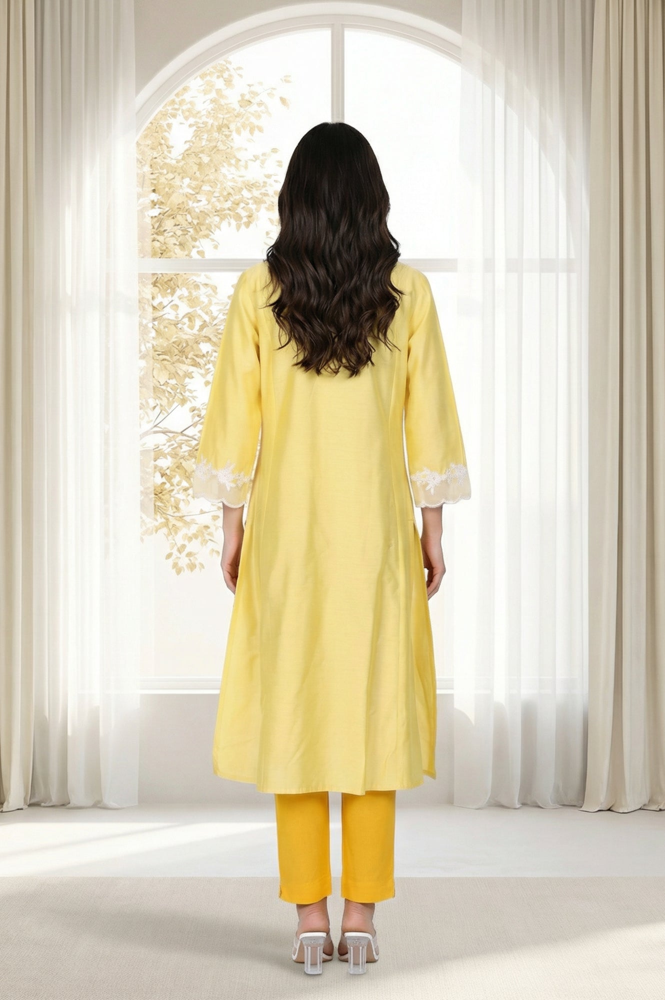 Yellow Applique Lace A-line Kurta
